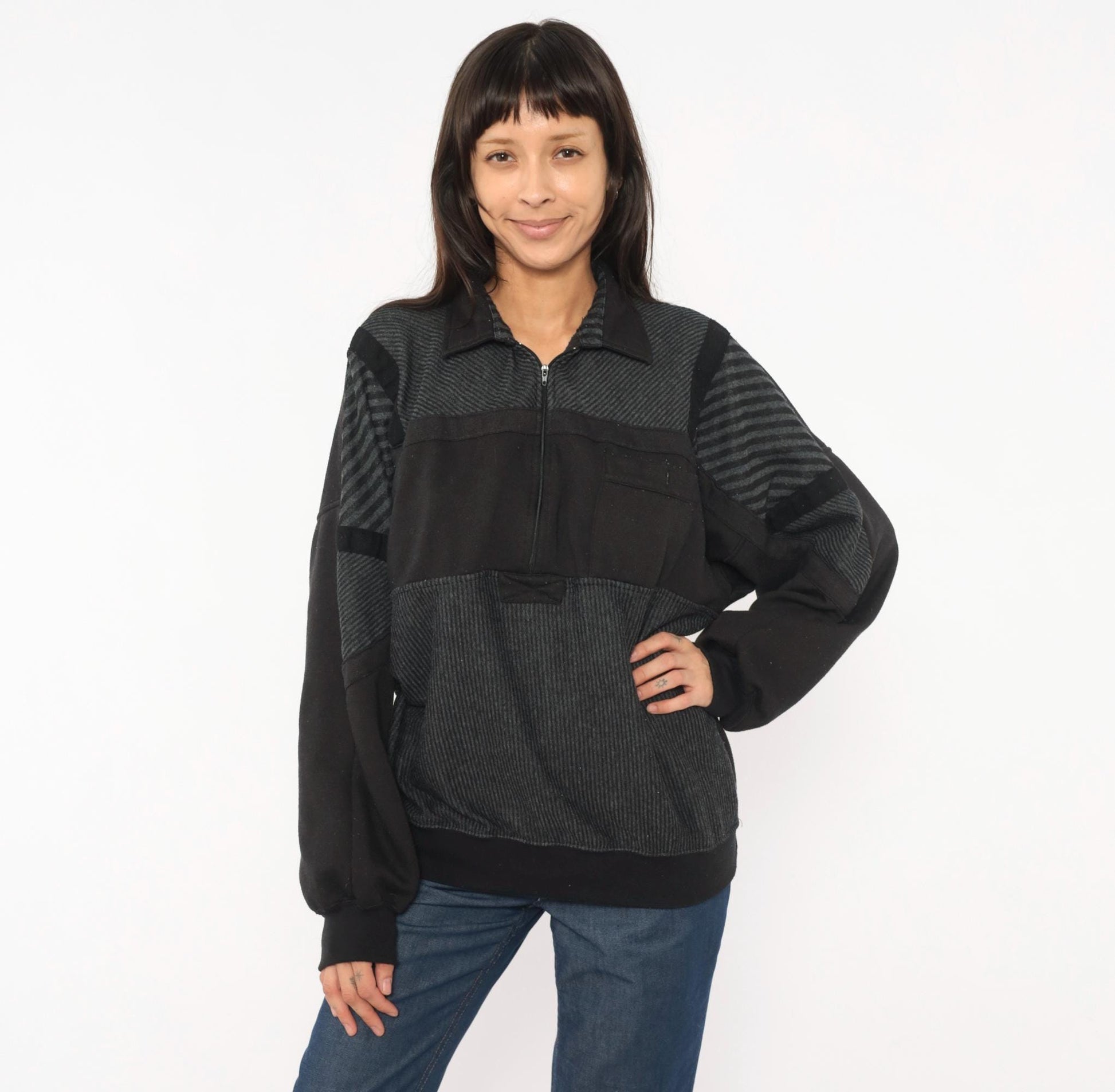 90s Alexxus Half-Zip Pullover Black Grey Patchwork Colorblock Sweatshirt Extra Large