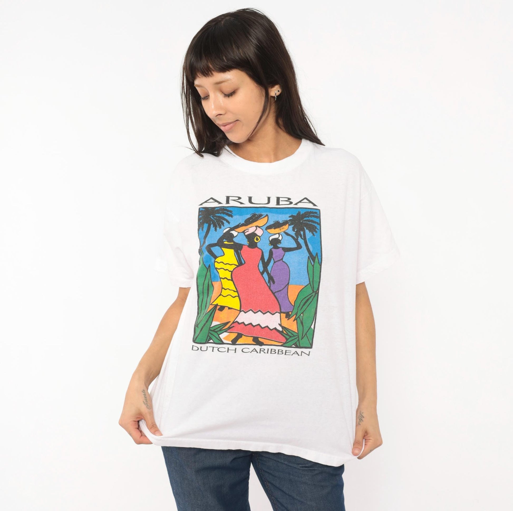90s Aruba Paradise Island Souvenir Tee White Cotton Graphic Large L