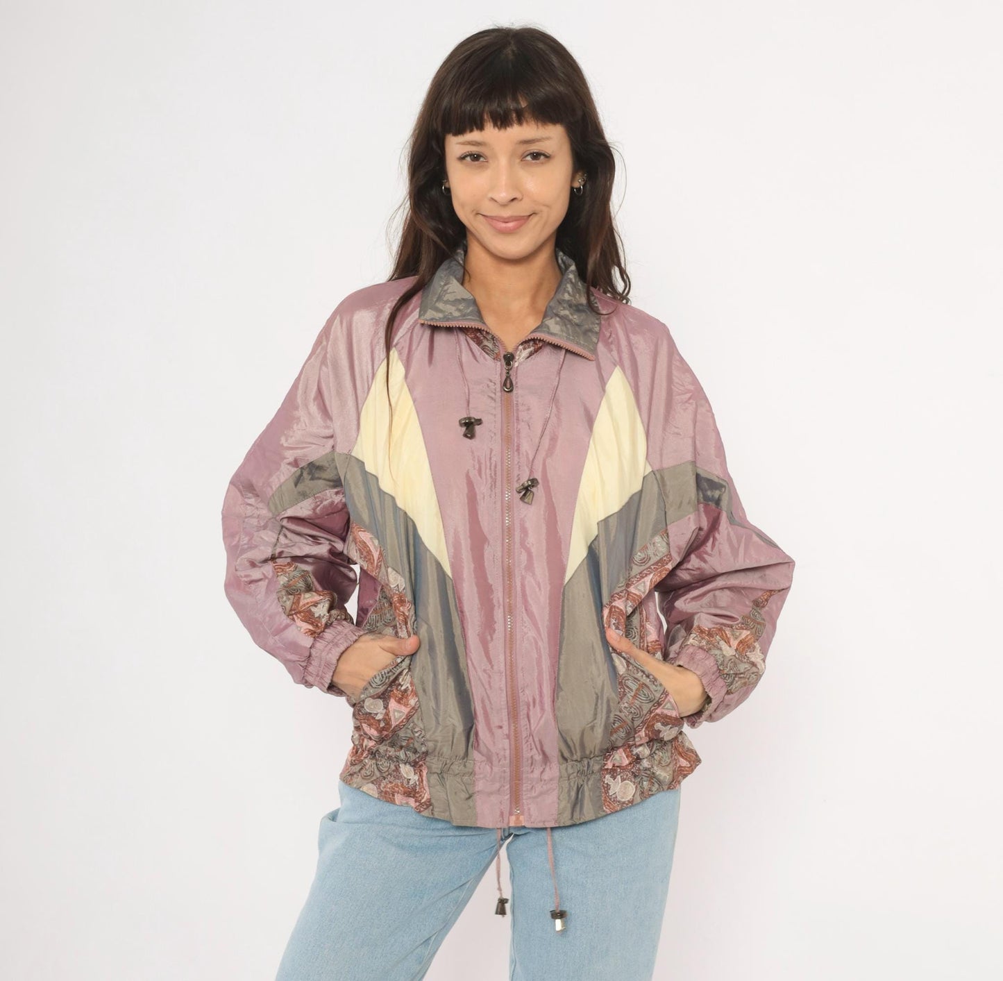 90s Westport Ltd. Colorblock Windbreaker Mauve Grey Cream Paisley Medium M