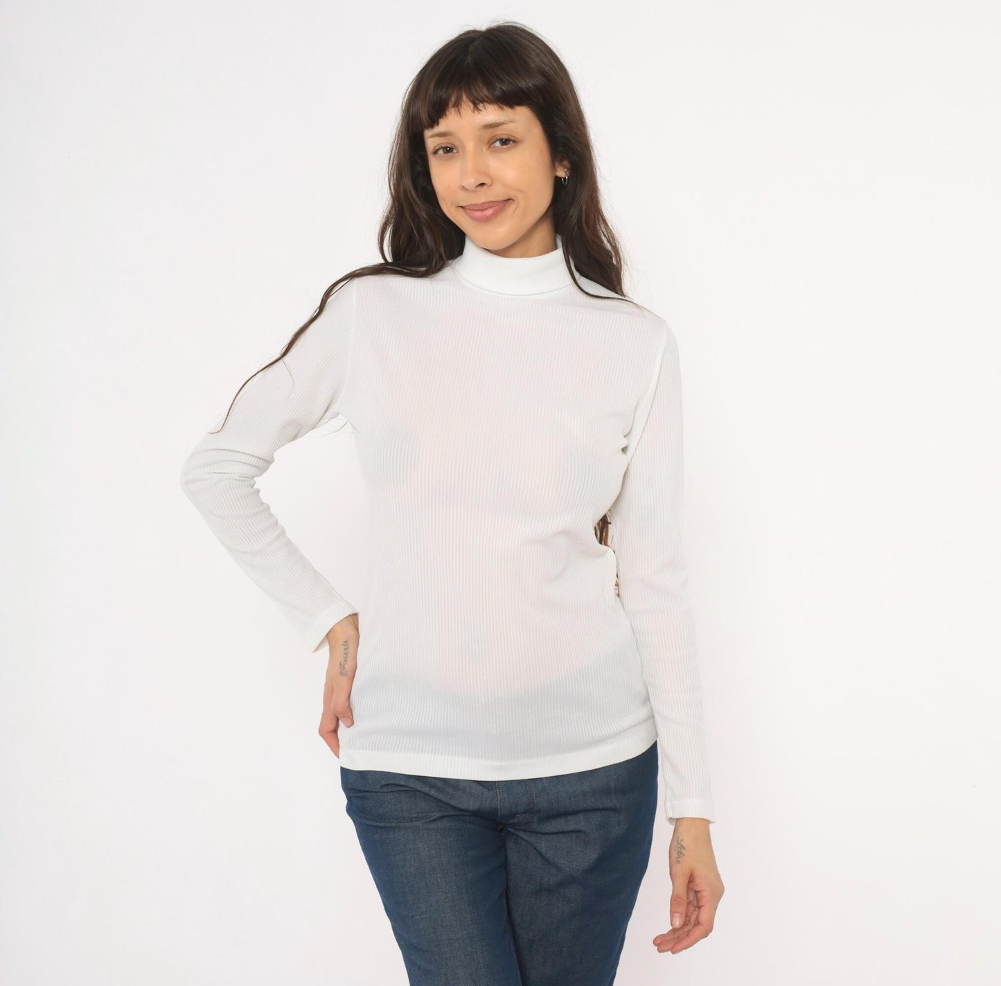 70s White Ribbed Mock Neck Top Long Sleeve Fitted Knit Zip Back Small