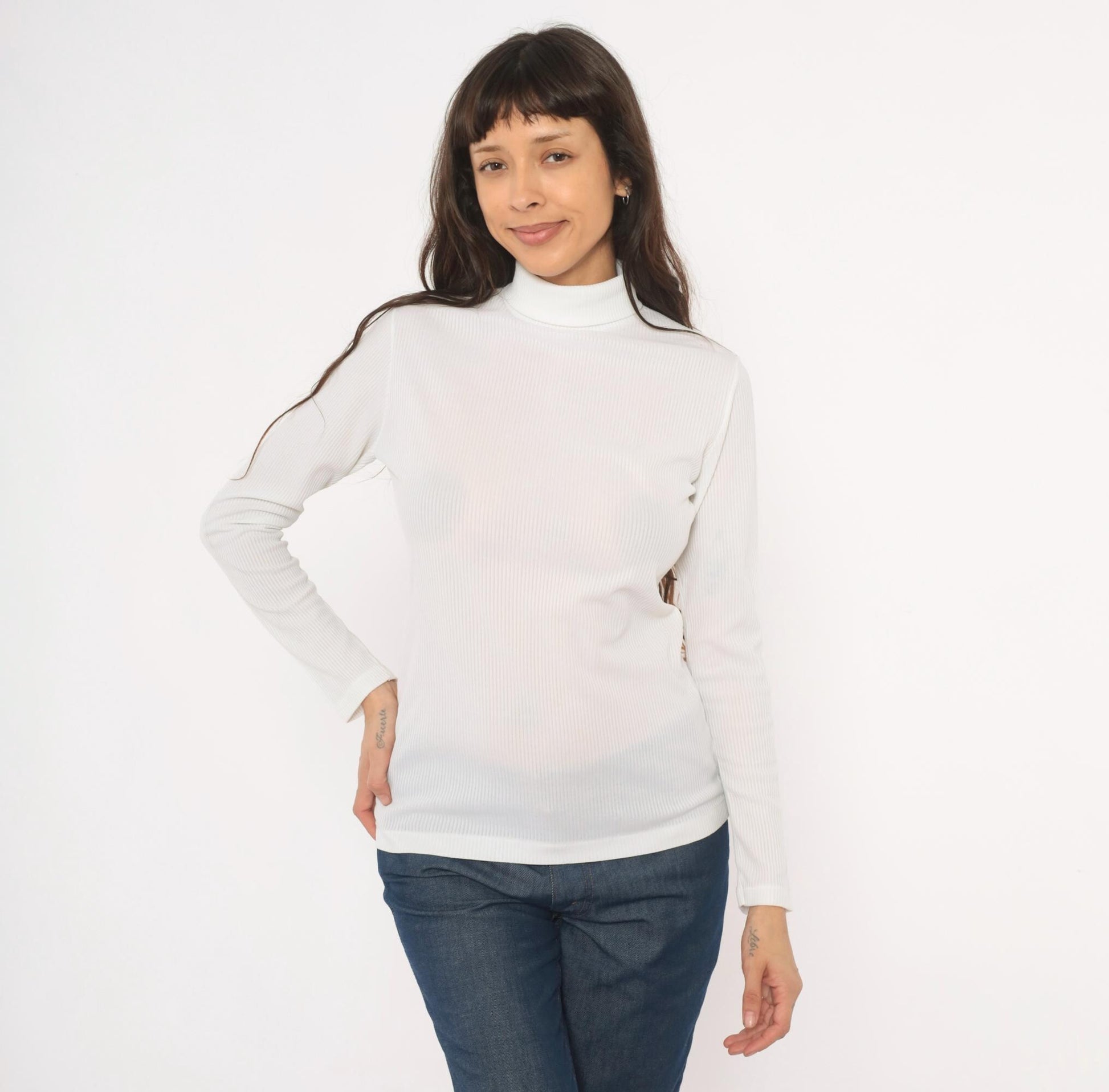 70s White Ribbed Mock Neck Top Long Sleeve Fitted Knit Zip Back Small