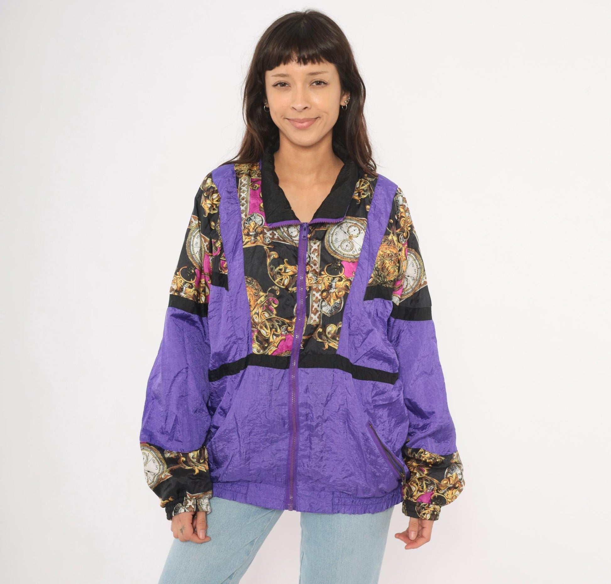 90s Baroque Clock Windbreaker Purple Gold Pocket Watch Shell Jacket Medium