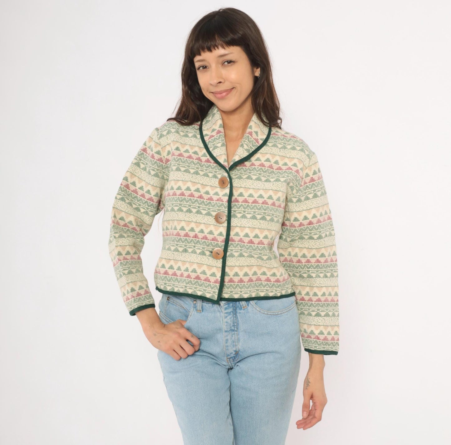 90s Southwest Canyon Tapestry Jacket Cropped Cream Sage Geometric Wooden Button Large L