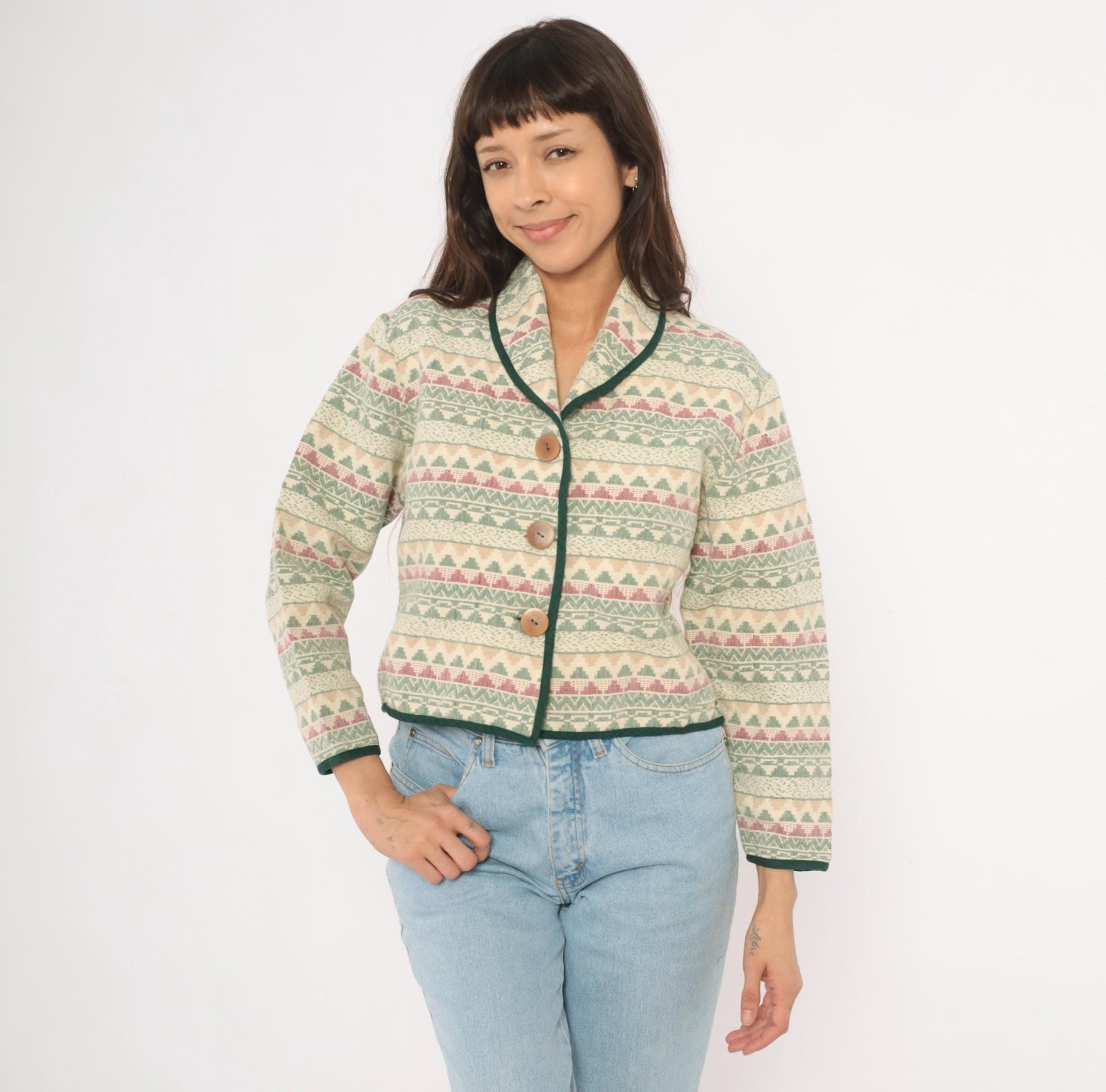90s Southwest Canyon Tapestry Jacket Cropped Cream Sage Geometric Wooden Button Large L