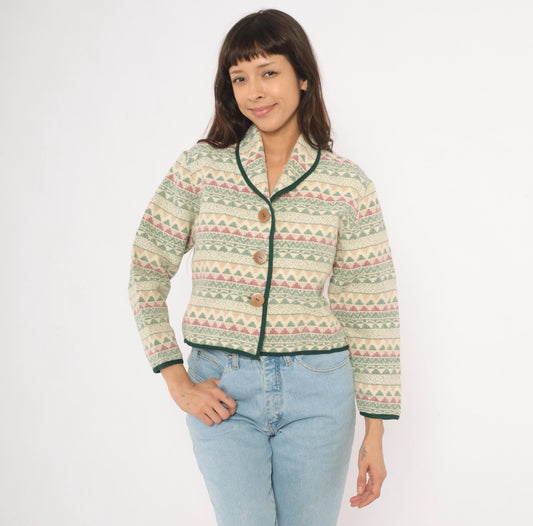 90s Southwest Canyon Tapestry Jacket Cropped Cream Sage Geometric Wooden Button Large L