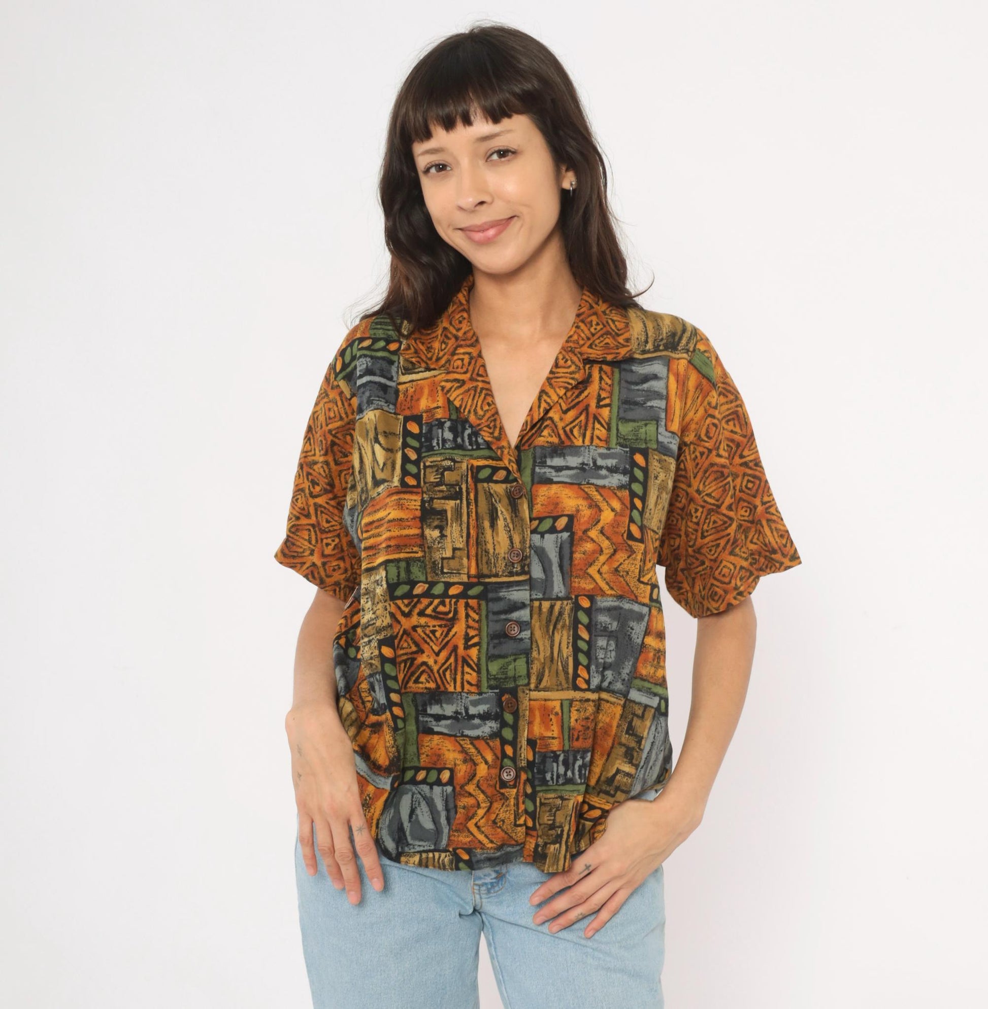 90s Tribal Patchwork Camp Collar Shirt Mustard Olive Slate Large L