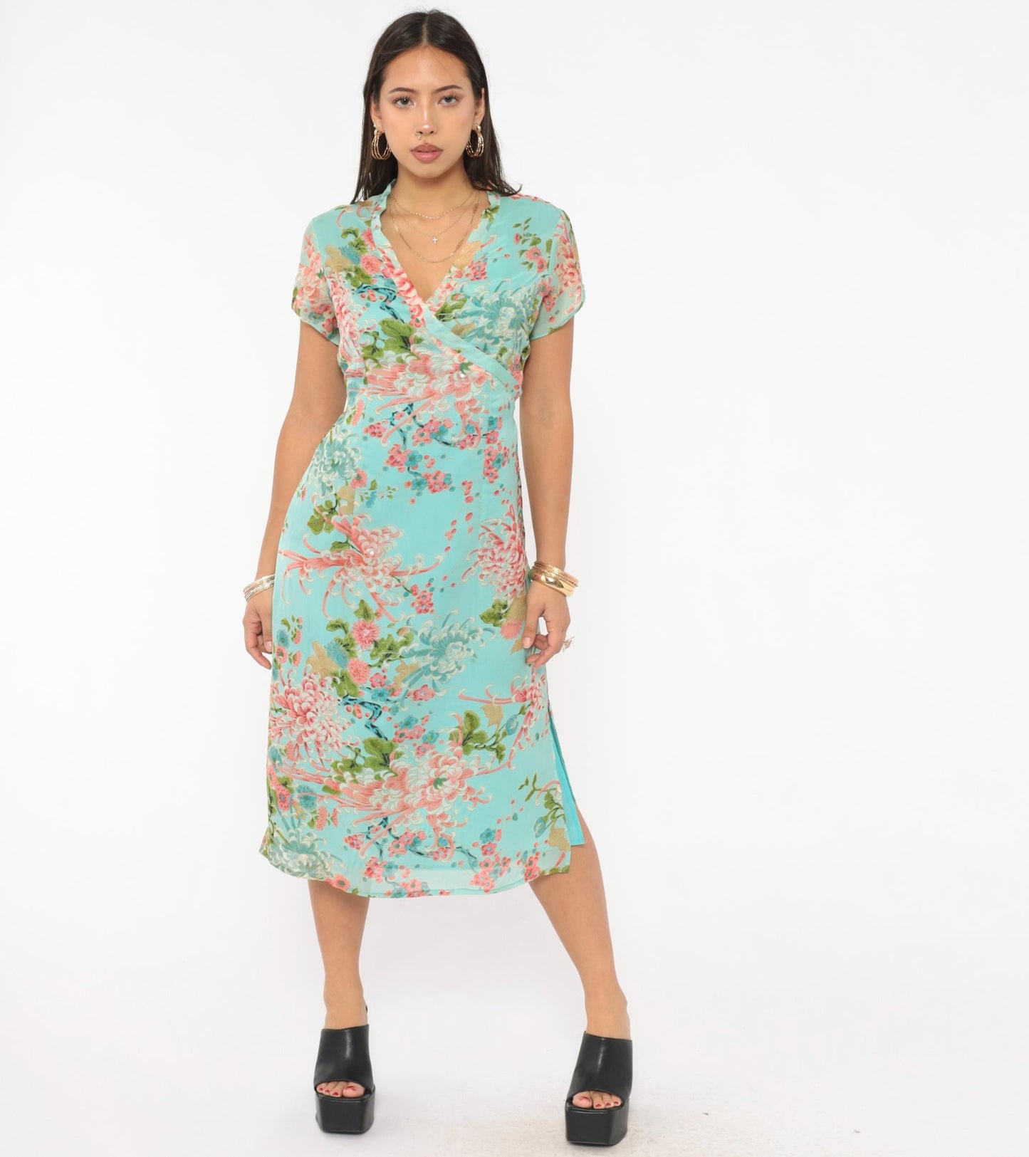 2000s Charlotte Russe Chrysanthemum Floral Midi Dress V-Neck Cap Sleeve Teal Medium M