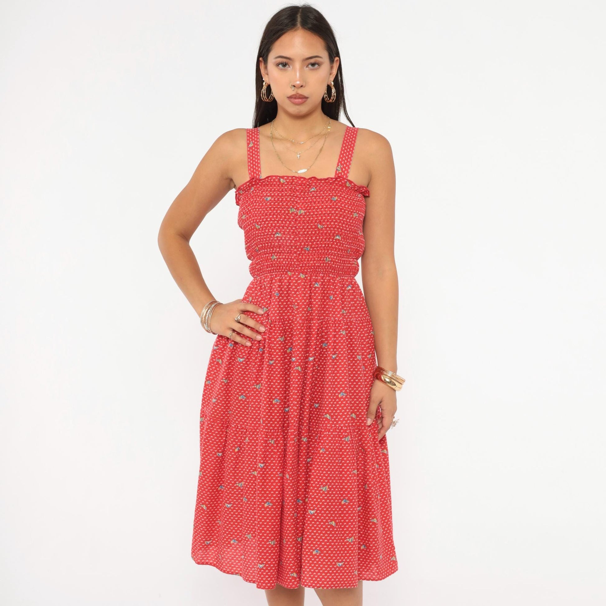 70s Red Sailboat Print Sundress Smocked Bodice Cotton Knee Length Medium M