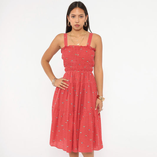 70s Red Sailboat Print Sundress Smocked Bodice Cotton Knee Length Medium M