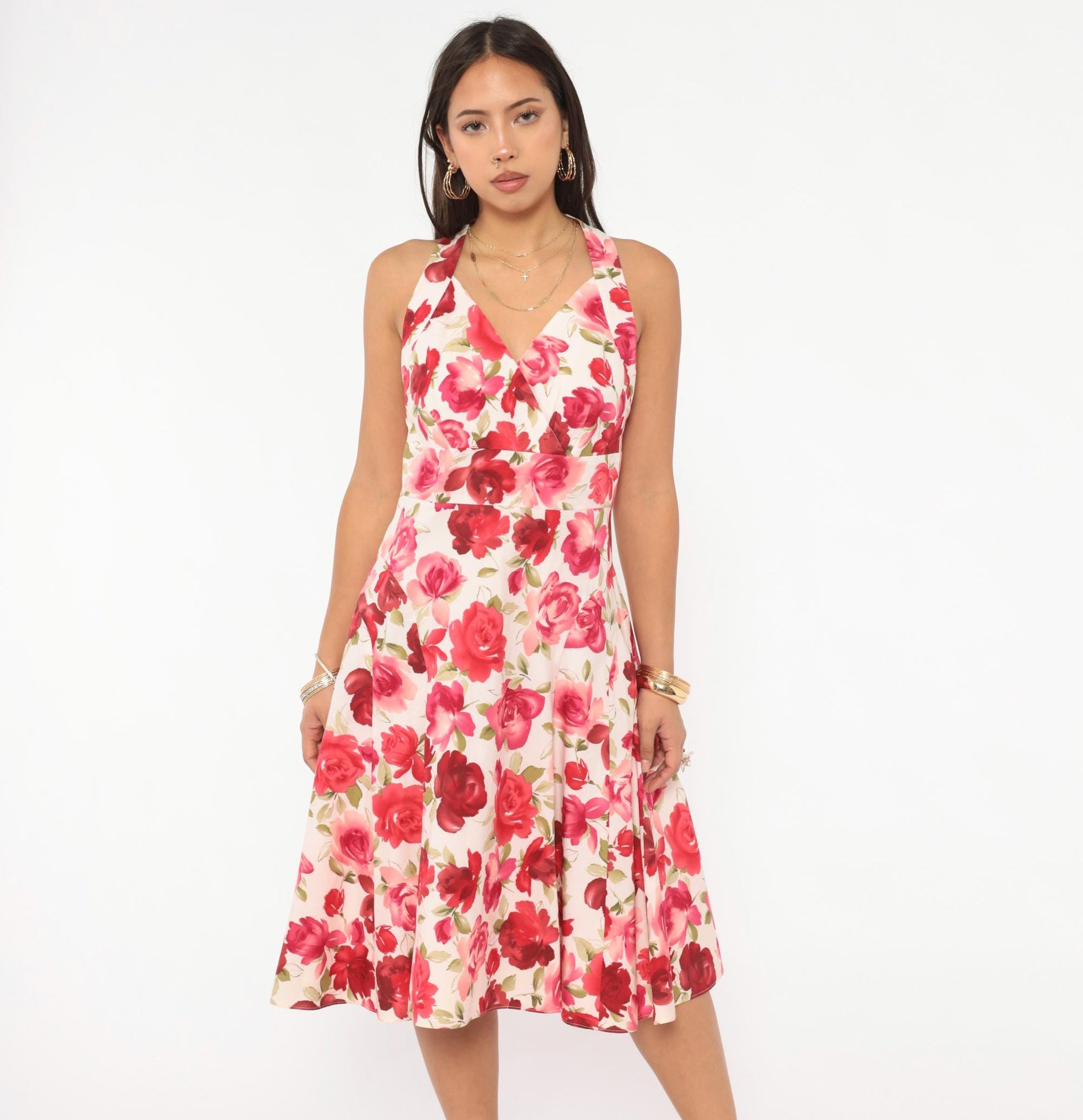 Y2K Talbots Rose Floral Halter Dress Cream Pink Red Knee-Length Medium M