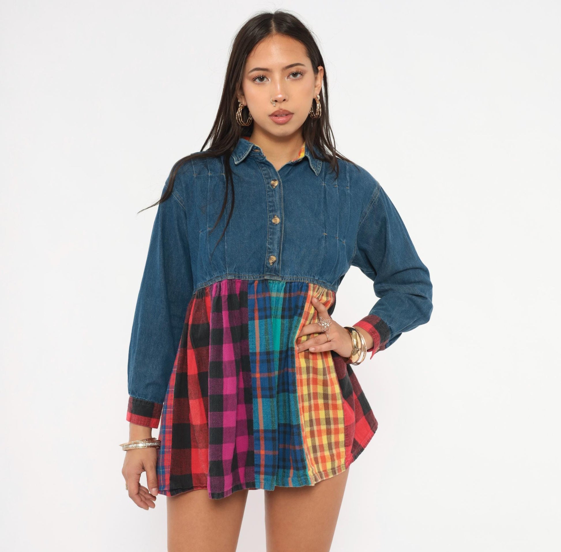 90s American Pop Denim Babydoll Mini Dress Patchwork Plaid Multicolor Extra Small