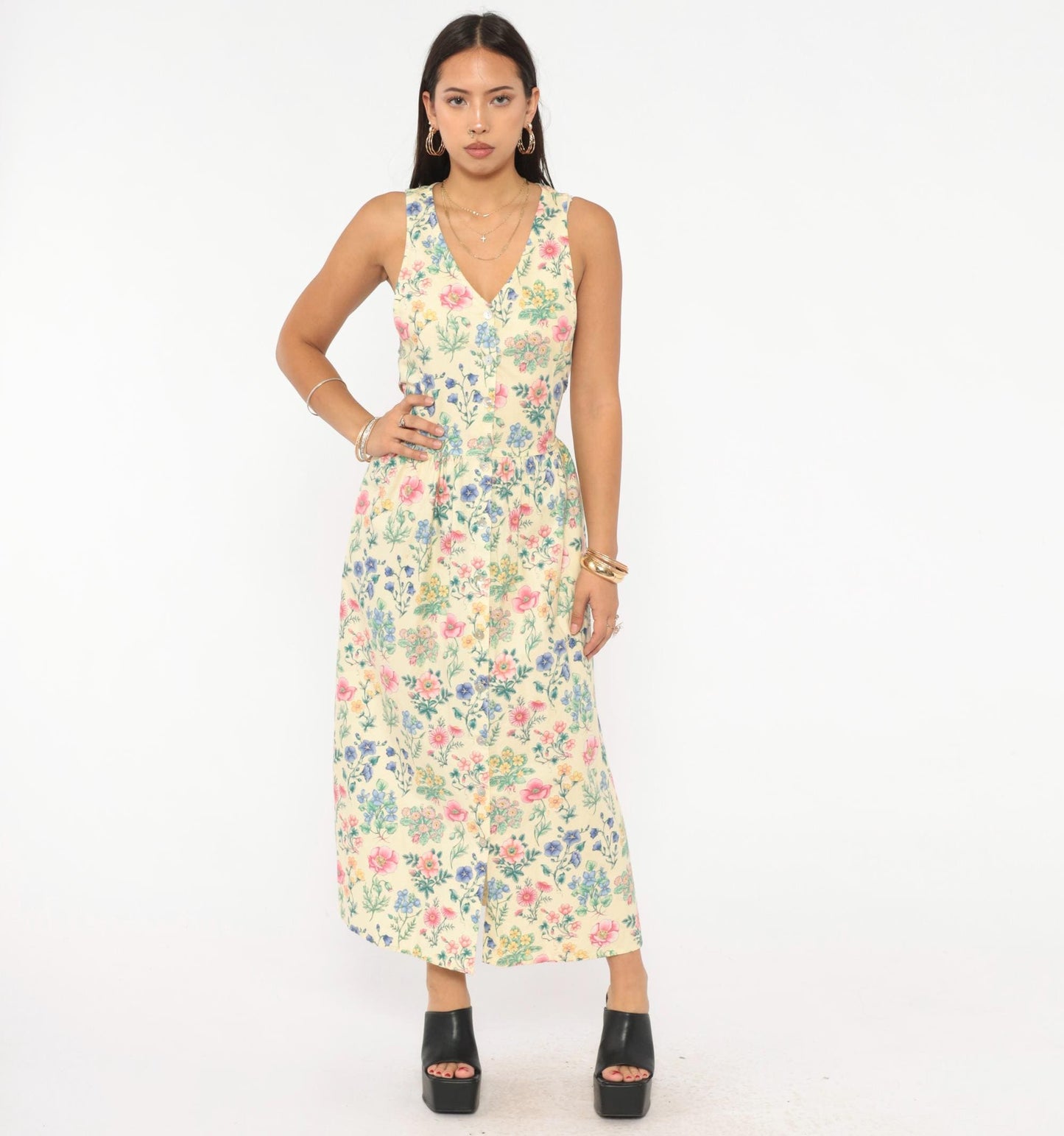 90s Faith Mountain Company Botanical Midi Dress Butter Yellow Floral V-Neck Small