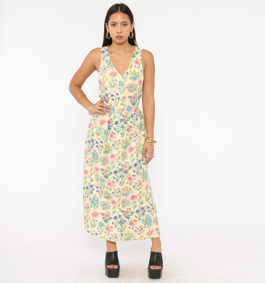 90s Faith Mountain Company Botanical Midi Dress Butter Yellow Floral V-Neck Small