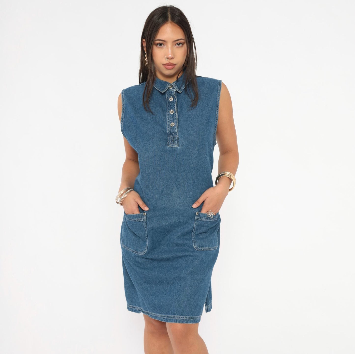 90s Denim Shift Dress Sleeveless Button Front Blue Jean Medium Large