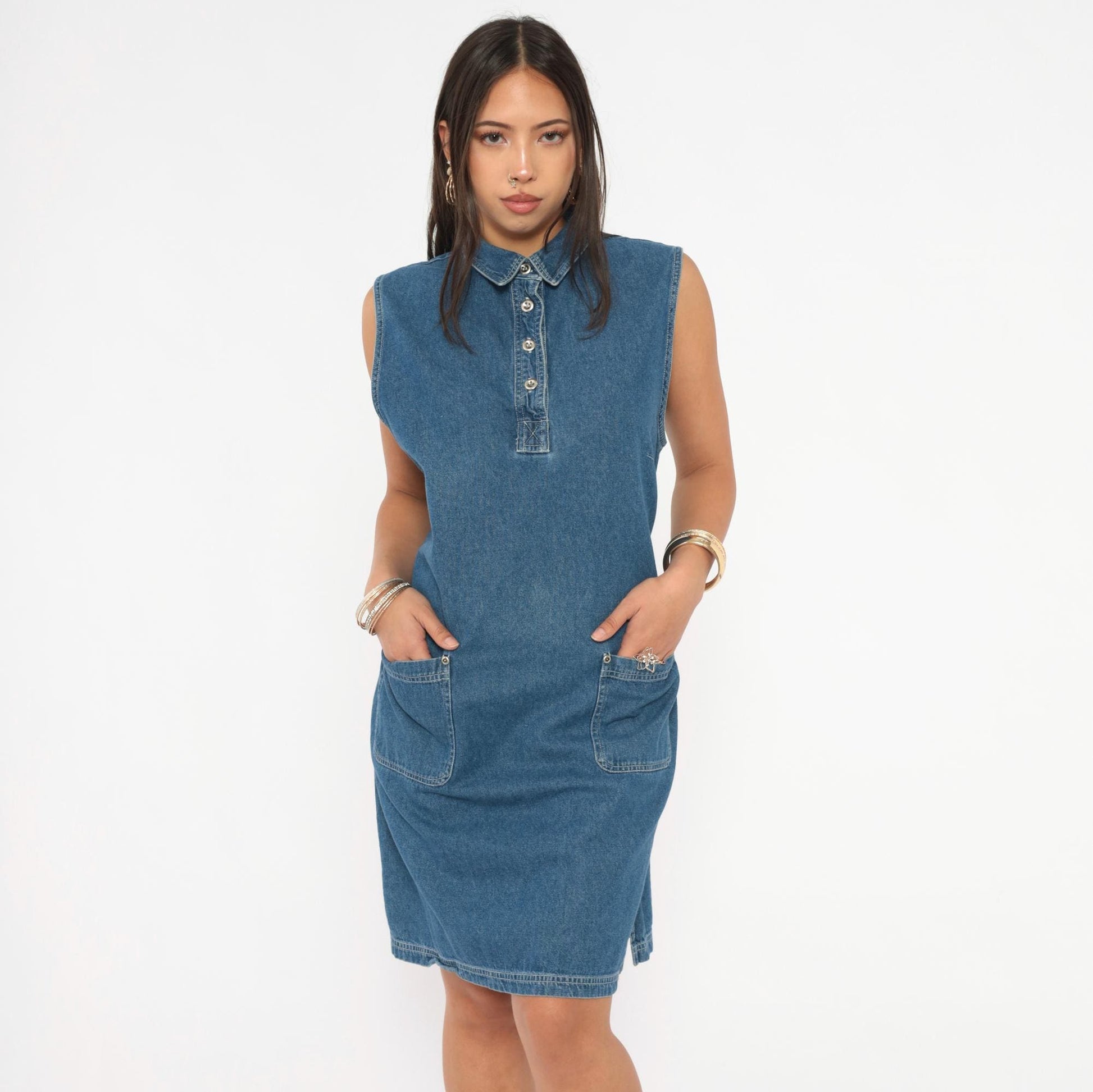 90s Denim Shift Dress Sleeveless Button Front Blue Jean Medium Large