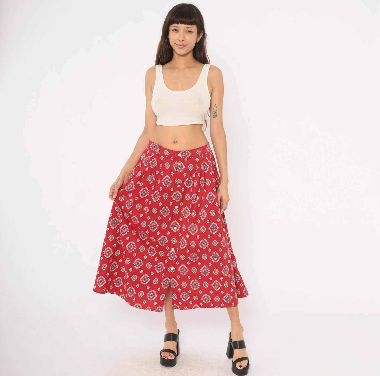 90s Liz Wear Southwestern Midi Skirt Red Medallion Print Cotton Large L