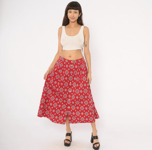 90s Liz Wear Southwestern Midi Skirt Red Medallion Print Cotton Large L
