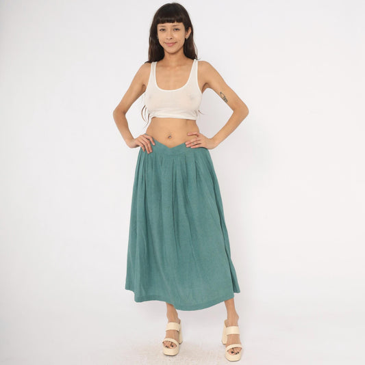 80s Norton Mcnaughton Teal Pleated Midi Skirt High Waist A-Line Medium