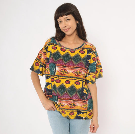 90s Gee J Southwestern Geometric Cotton Tee Multicolor Tribal Patchwork Large L