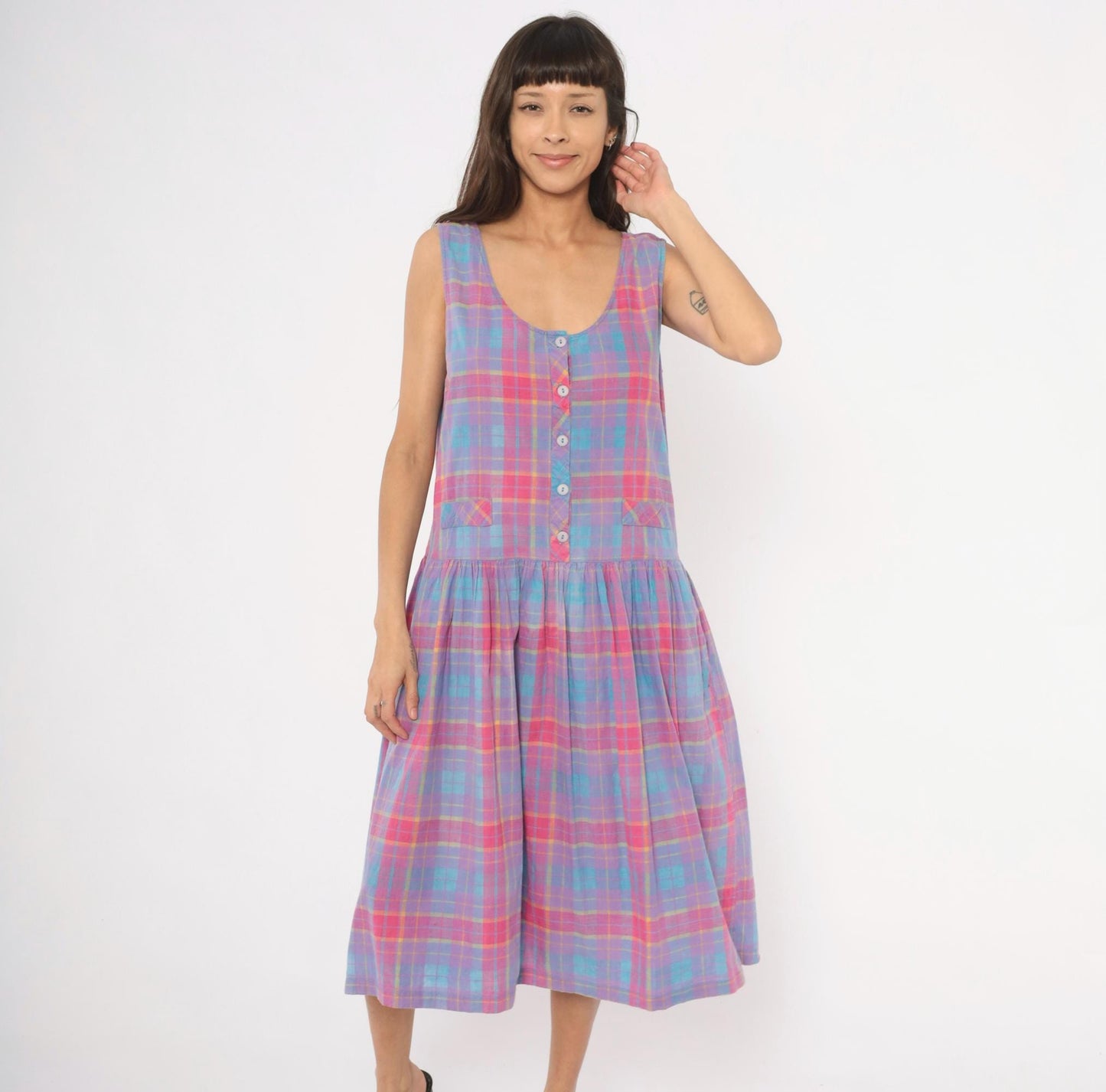 90s Victoria Plaid Cotton Midi Sundress Purple Pink Blue Large L