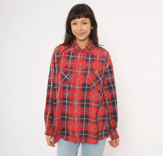 90s Saugatuck Red Navy Plaid Flannel Shirt Cotton Point Collar Extra Large XL