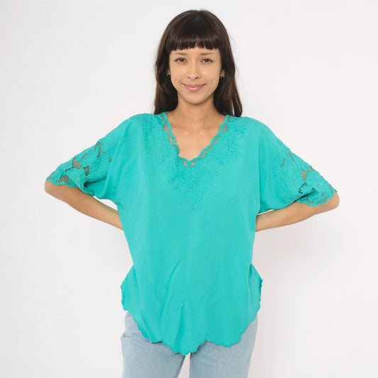 80s Bali Emerald Teal Cutwork Lace Blouse Floral Embroidered V-Neck