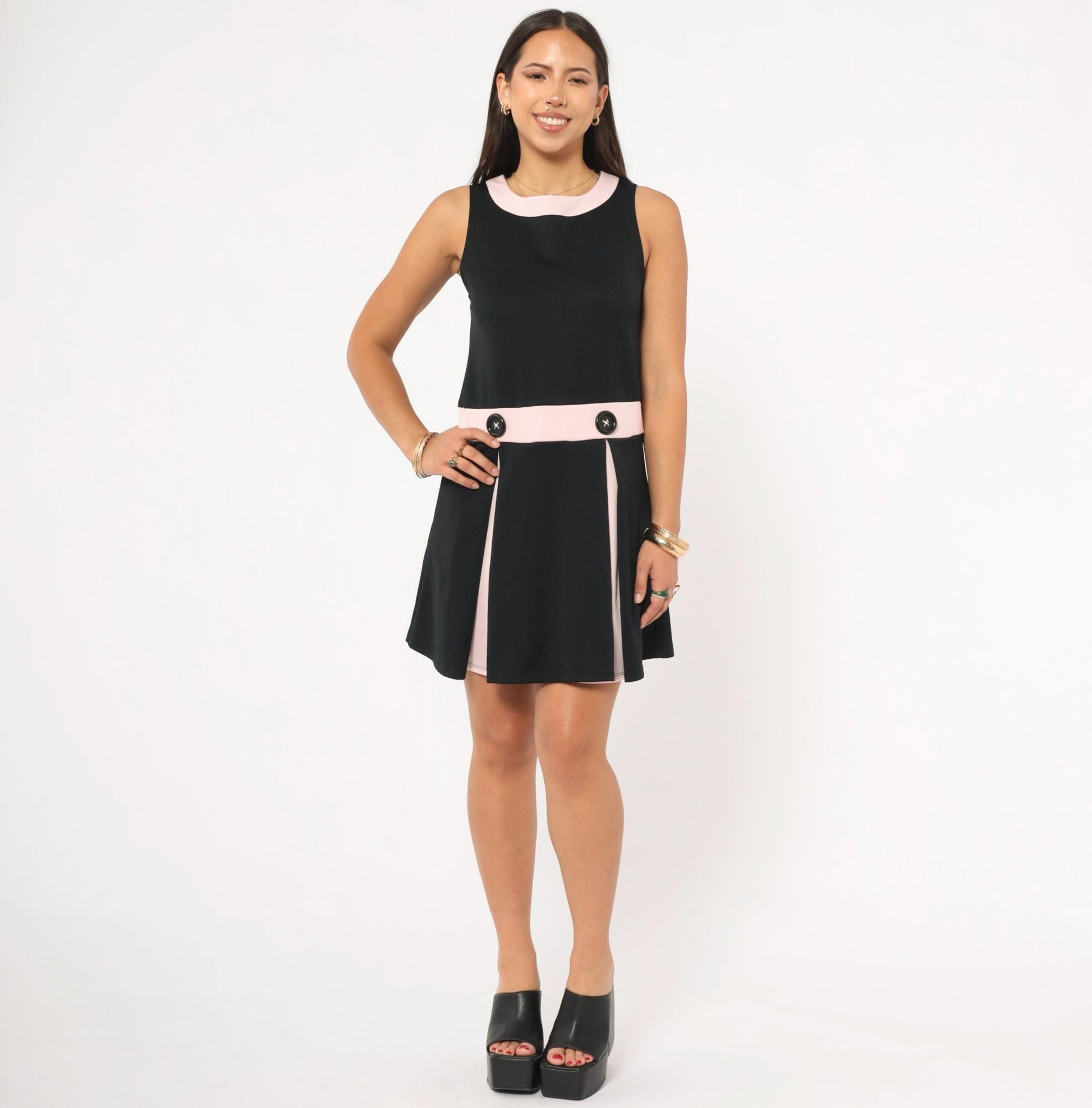 Y2K Bonnie Jean Black Pink Mod Shift Dress Colorblock Mini Small S