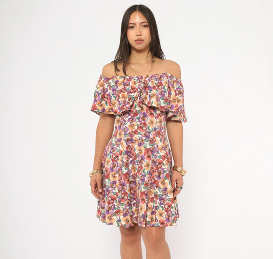 90s Rampage Pansy Floral Off-Shoulder Mini Dress Cream Small