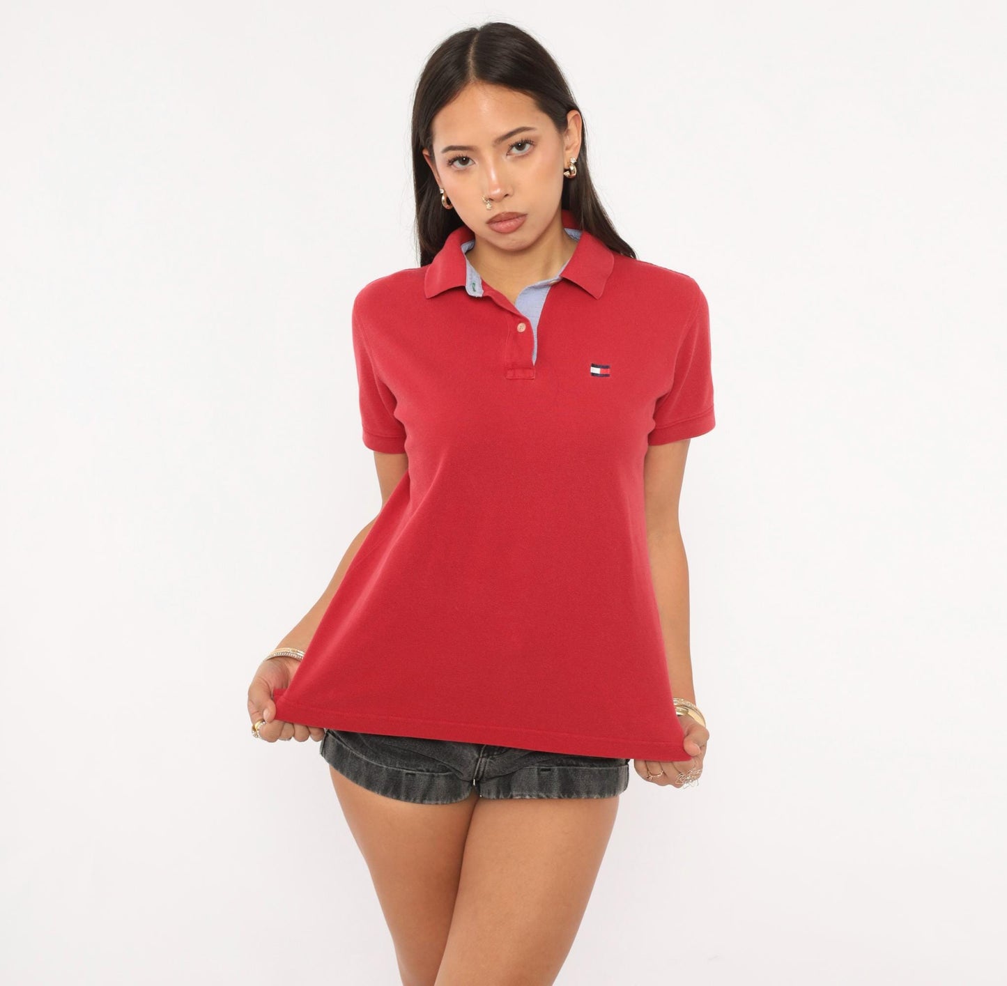 2000s Tommy Hilfiger Red Cotton Pique Polo Shirt Embroidered Flag Logo Medium M