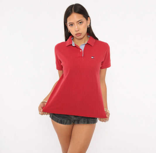 2000s Tommy Hilfiger Red Cotton Pique Polo Shirt Embroidered Flag Logo Medium M