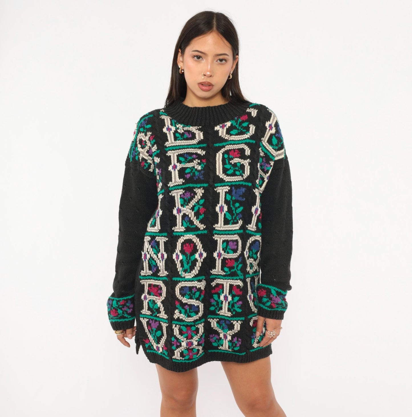 90s Signatures Black Alphabet Floral Knit Sweater Cable Knit Pullover Small S