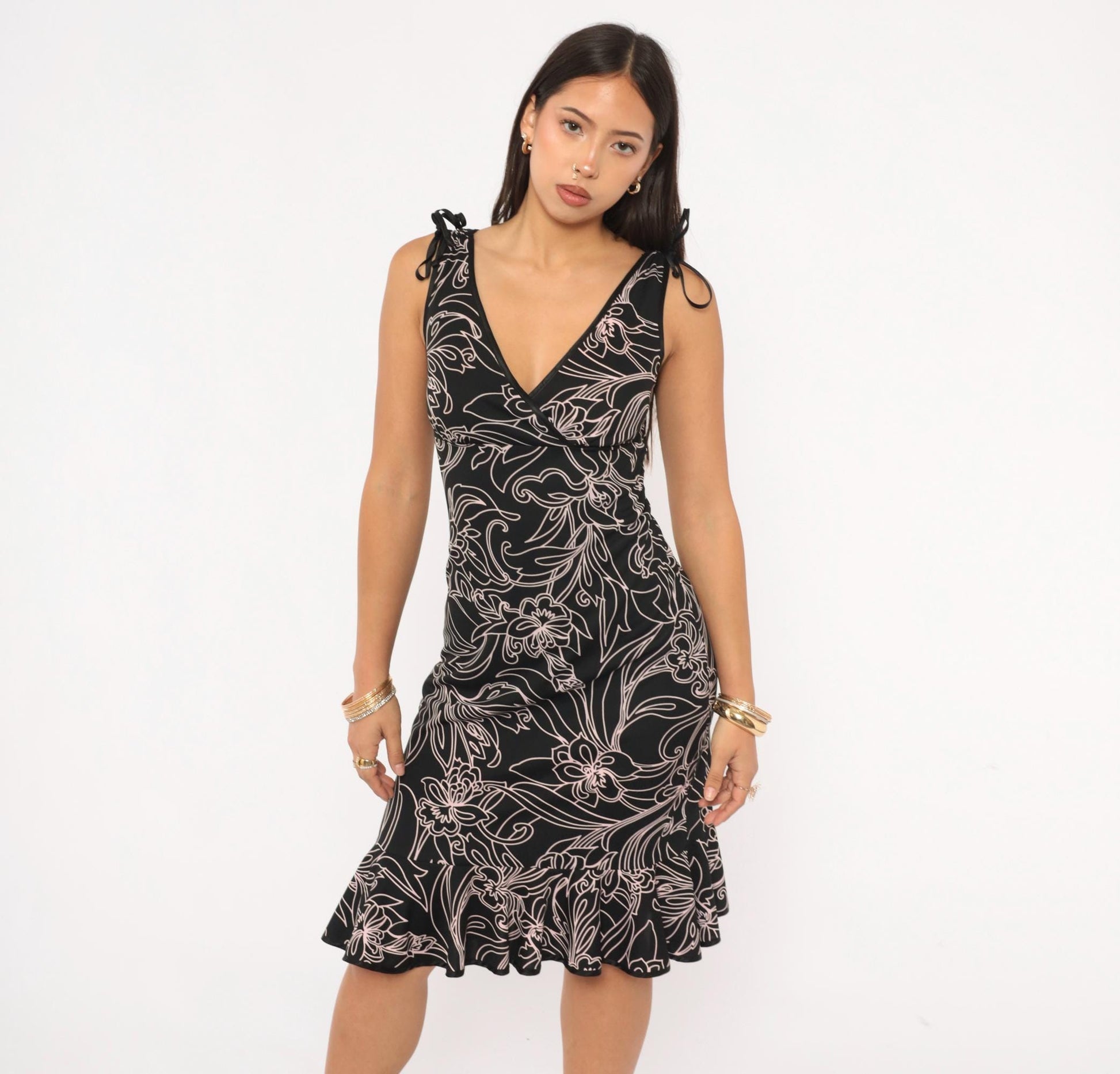 Y2K City Triangles Black Floral Wrap Dress Pink Line Drawing Knee Length Small