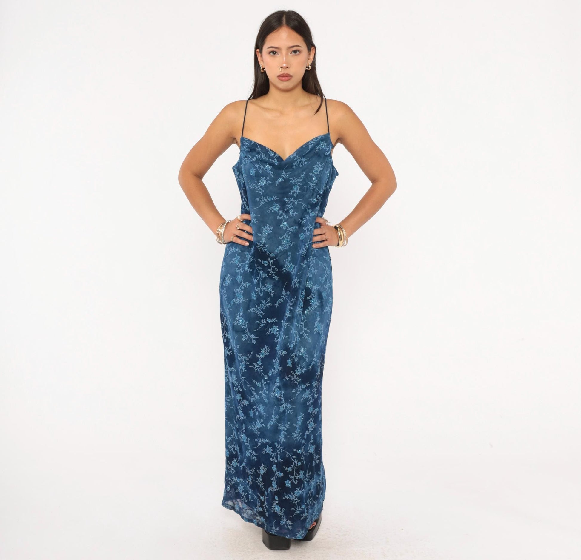 90s Jodi Michaels Navy Floral Maxi Slip Dress Glitter Sweetheart Neckline Large L