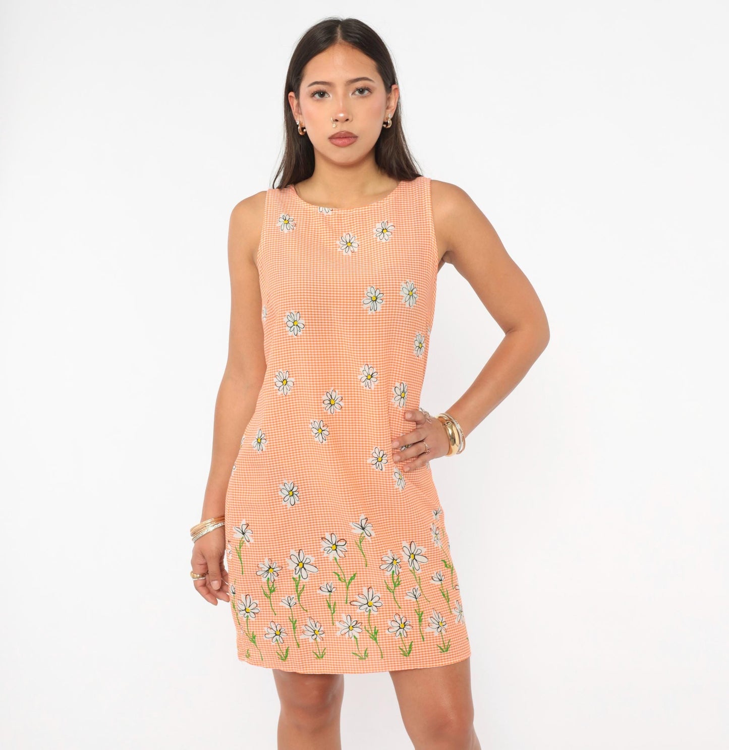 90s California Concepts Gingham Daisy Shift Dress Orange White Mini Small
