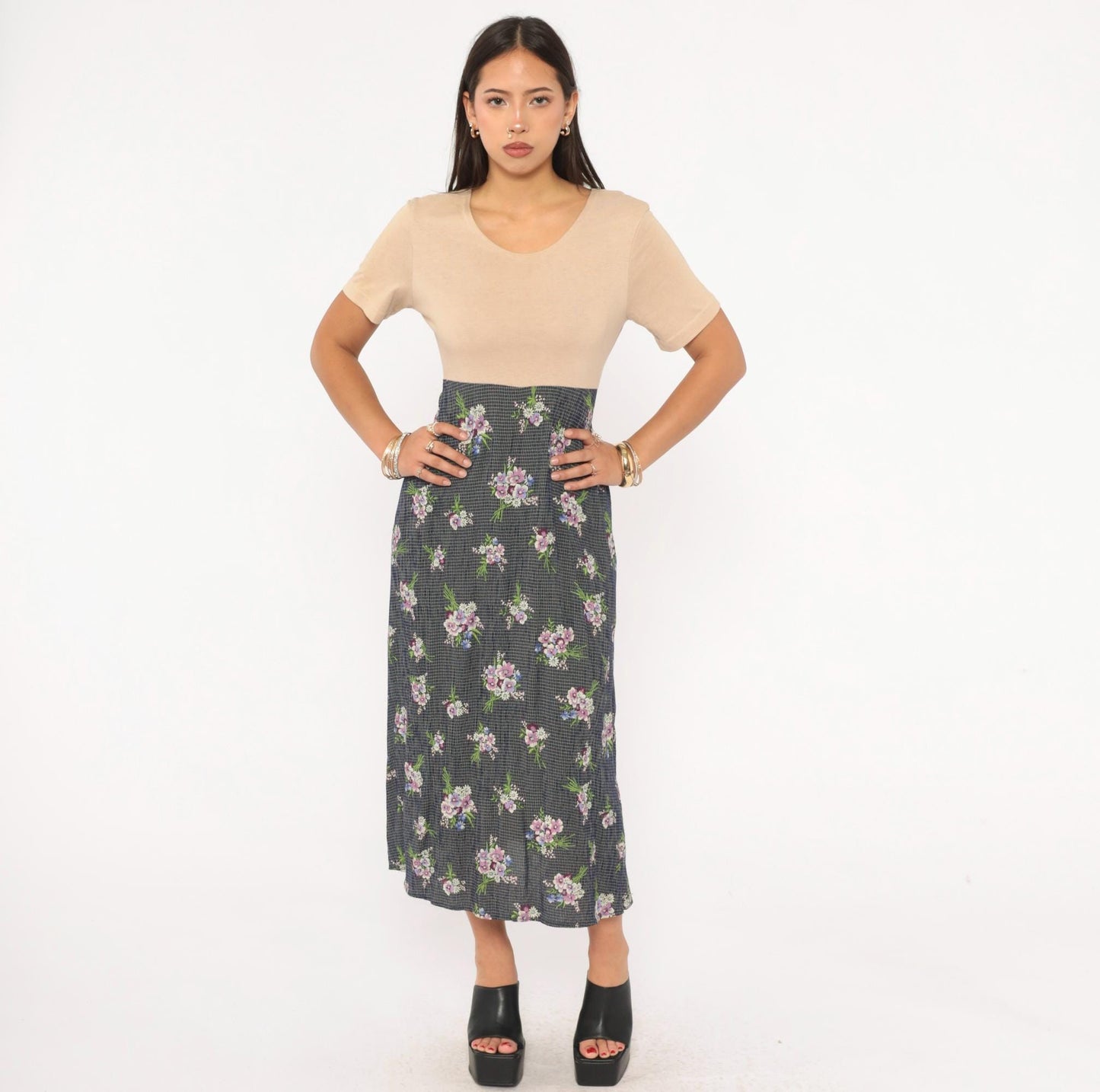 90s Gianfranco Bassi Floral Midi Dress Navy Bouquet Sand Bodice Medium