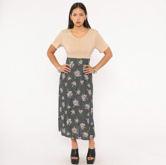 90s Gianfranco Bassi Floral Midi Dress Navy Bouquet Sand Bodice Medium