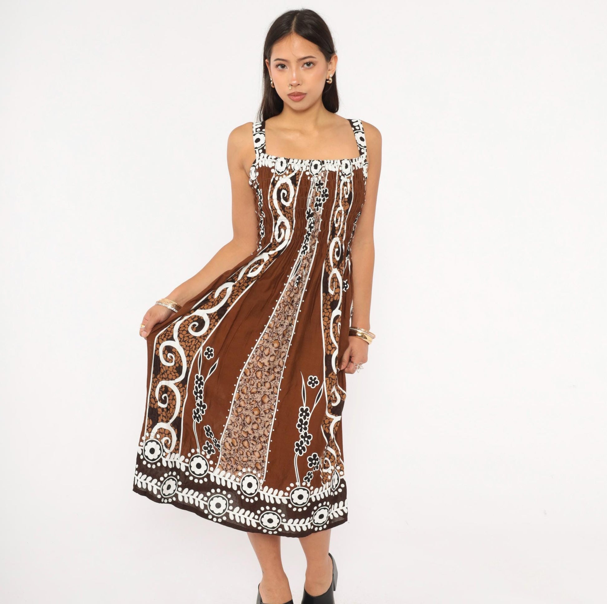2000s Batik Sundress Brown White Floral Square Neck Cutout Small Medium