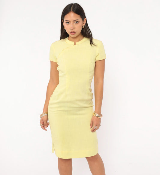 70s Butter Yellow Cheongsam Mandarin Collar Dress Linen Cotton Pencil XS