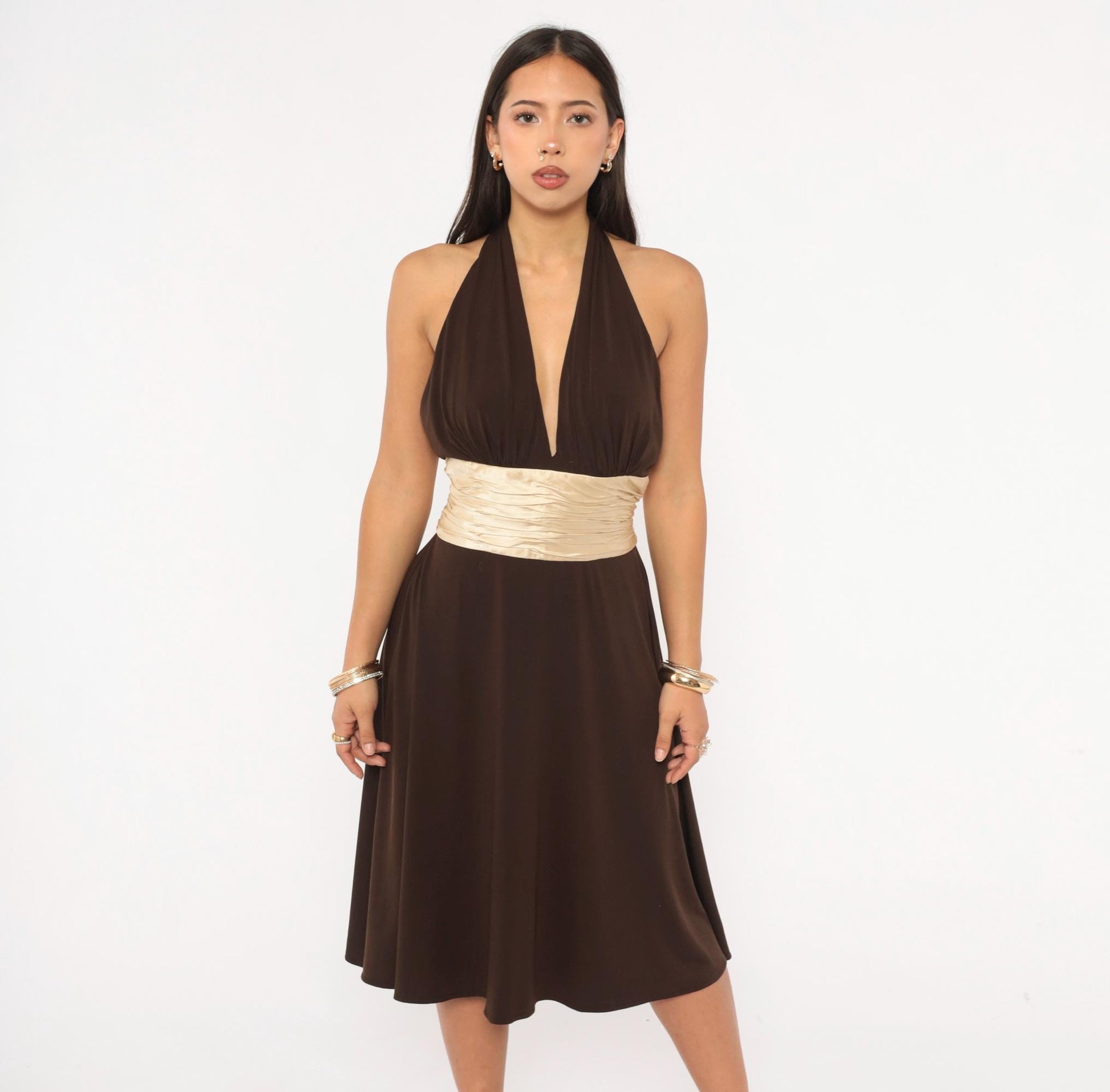 Maggy London Chocolate Halter Dress Silk Sash Deep V – Shopexile