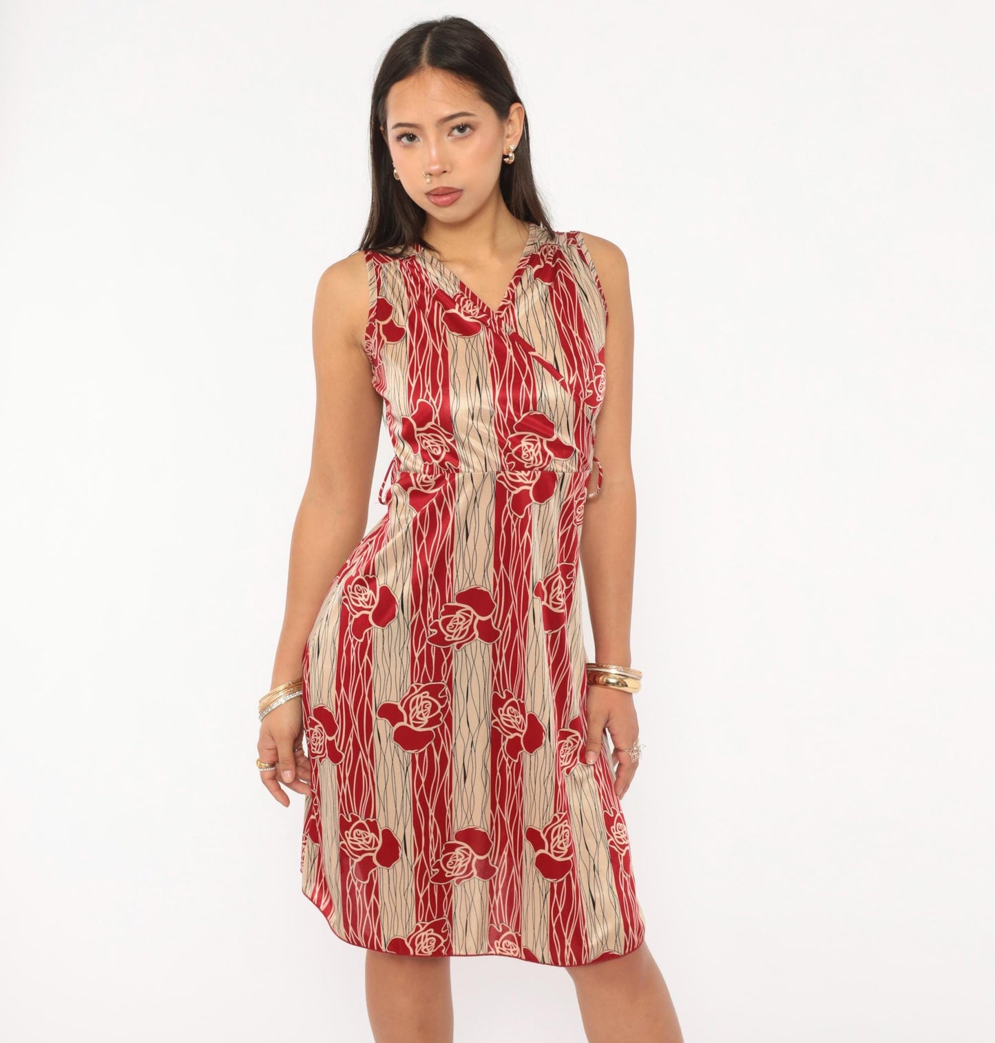 90s YS USA Rose Floral Dress Red Cream V Neck A Line Knee Length Small