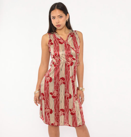 90s YS USA Rose Floral Dress Red Cream V Neck A Line Knee Length Small