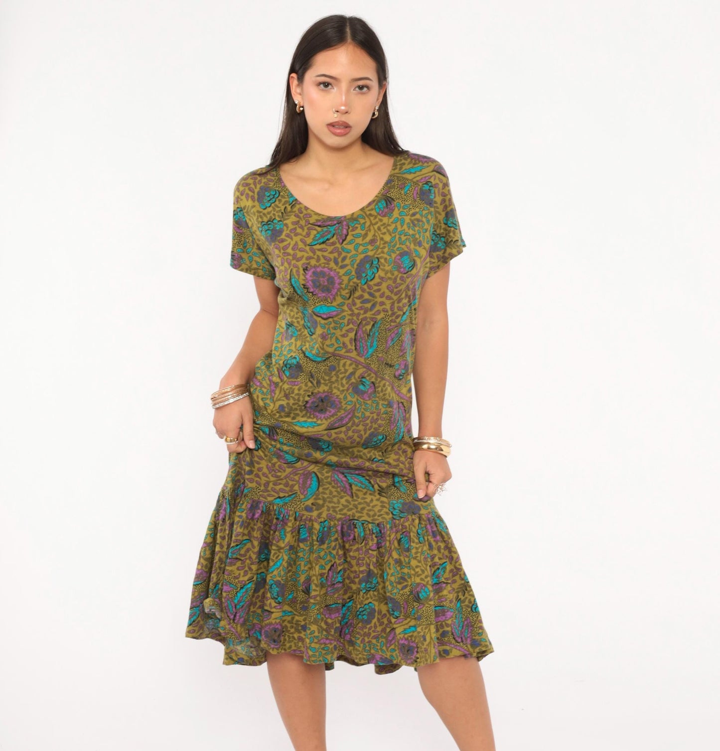 2000s Nina Hazan Olive Floral Midi Dress V-Neck Ruffle Hem Small