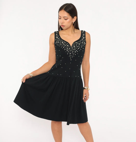 80s Morton Myles Black Pearl Beaded Sweetheart Neckline Cocktail Dress Medium