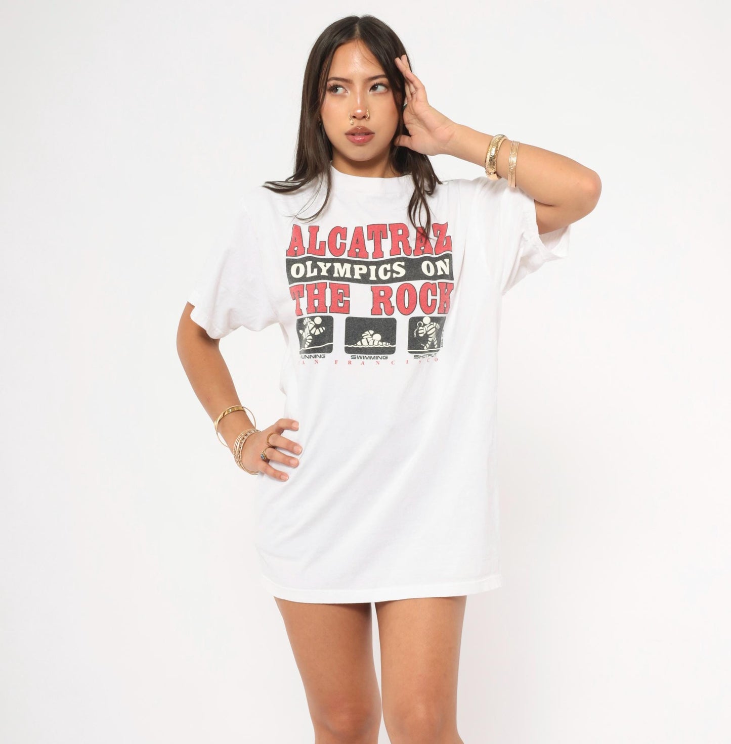 90s Alcatraz Olympics Graphic Tee Tultex White Cotton Large L