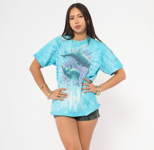 90s Anvil Tie Dye Dolphin Graphic Tee Aqua Purple Ocean Large L