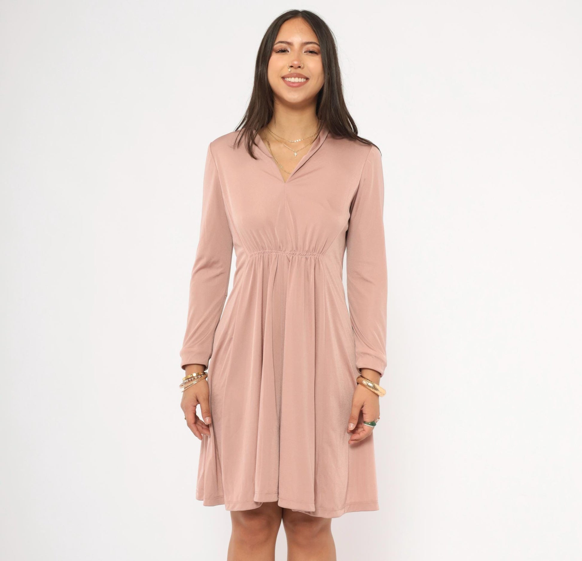 70s Mauve Mini Dress Long Sleeve V-Neck Gathered Waist A-Line Small S