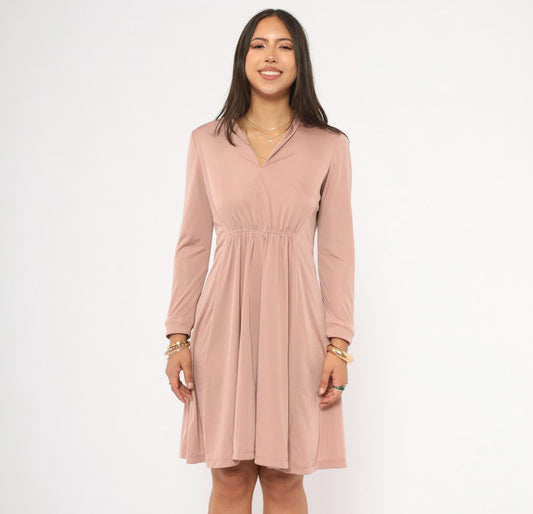 70s Mauve Mini Dress Long Sleeve V-Neck Gathered Waist A-Line Small S