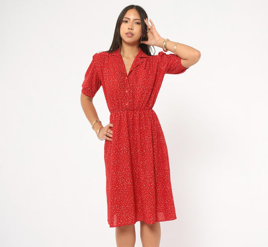 80s Red Speckled Dot Shirtdress White Print Puff Sleeve Knee Length Small