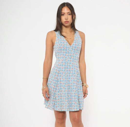 90s Blue Gingham Floral Playsuit Romper Mini Sleeveless Small S