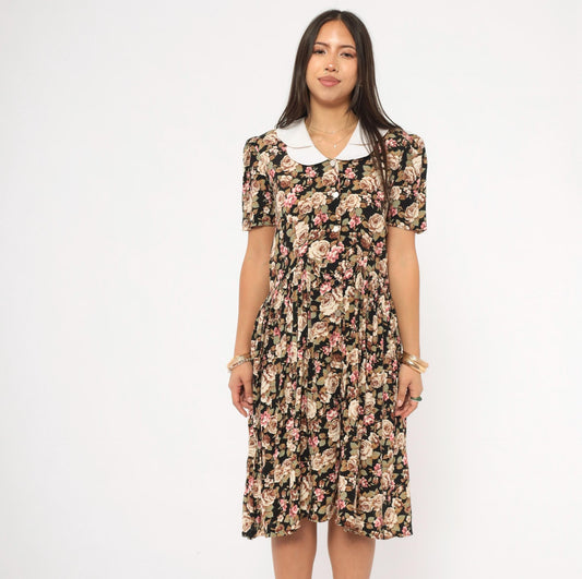 90s Black Floral Peter Pan Collar Dress Button Front Knee Length Medium M